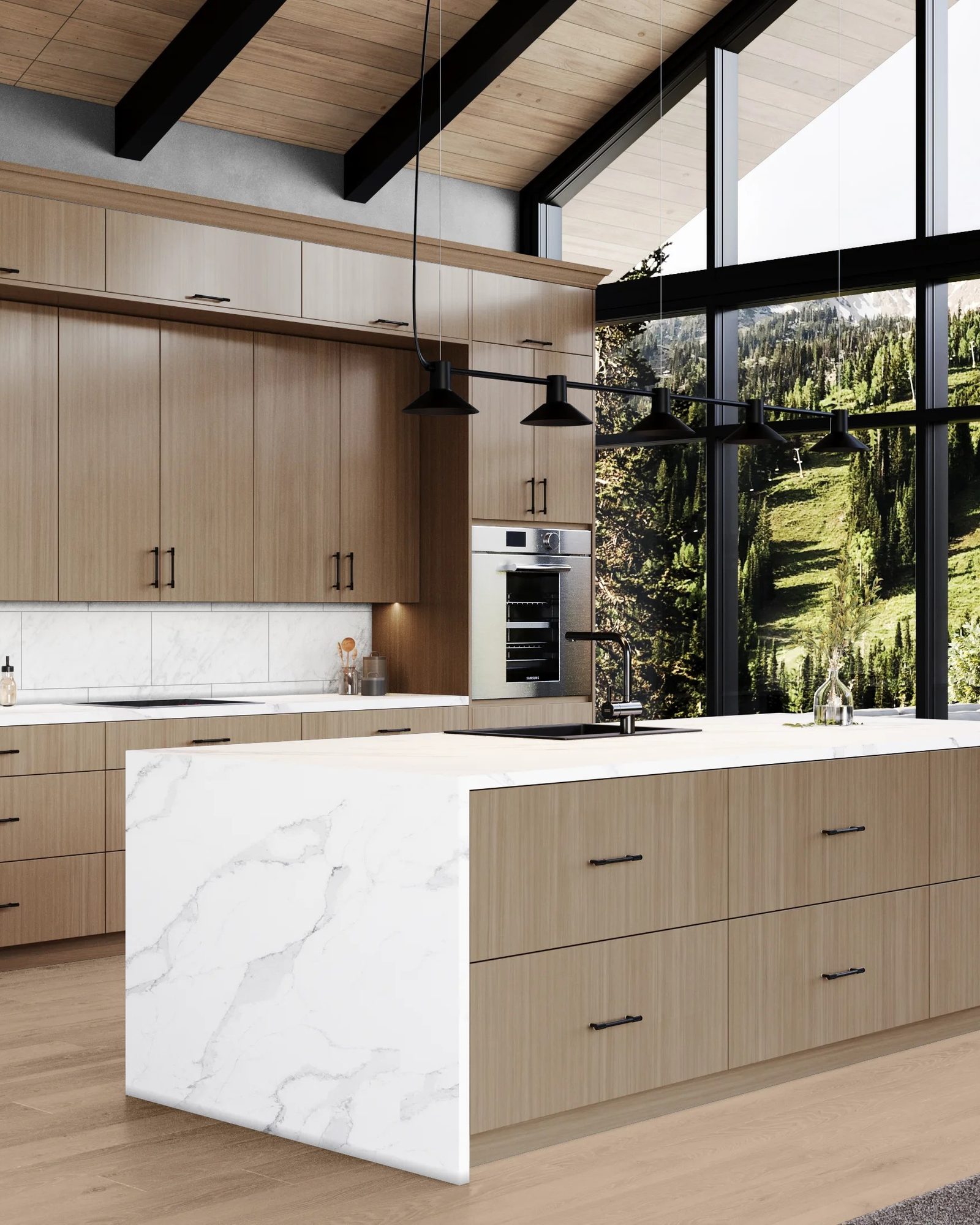 A kitchen designed in the Sage visualizer: Broadway Beach flat-panel doors with a white quartz waterfall island