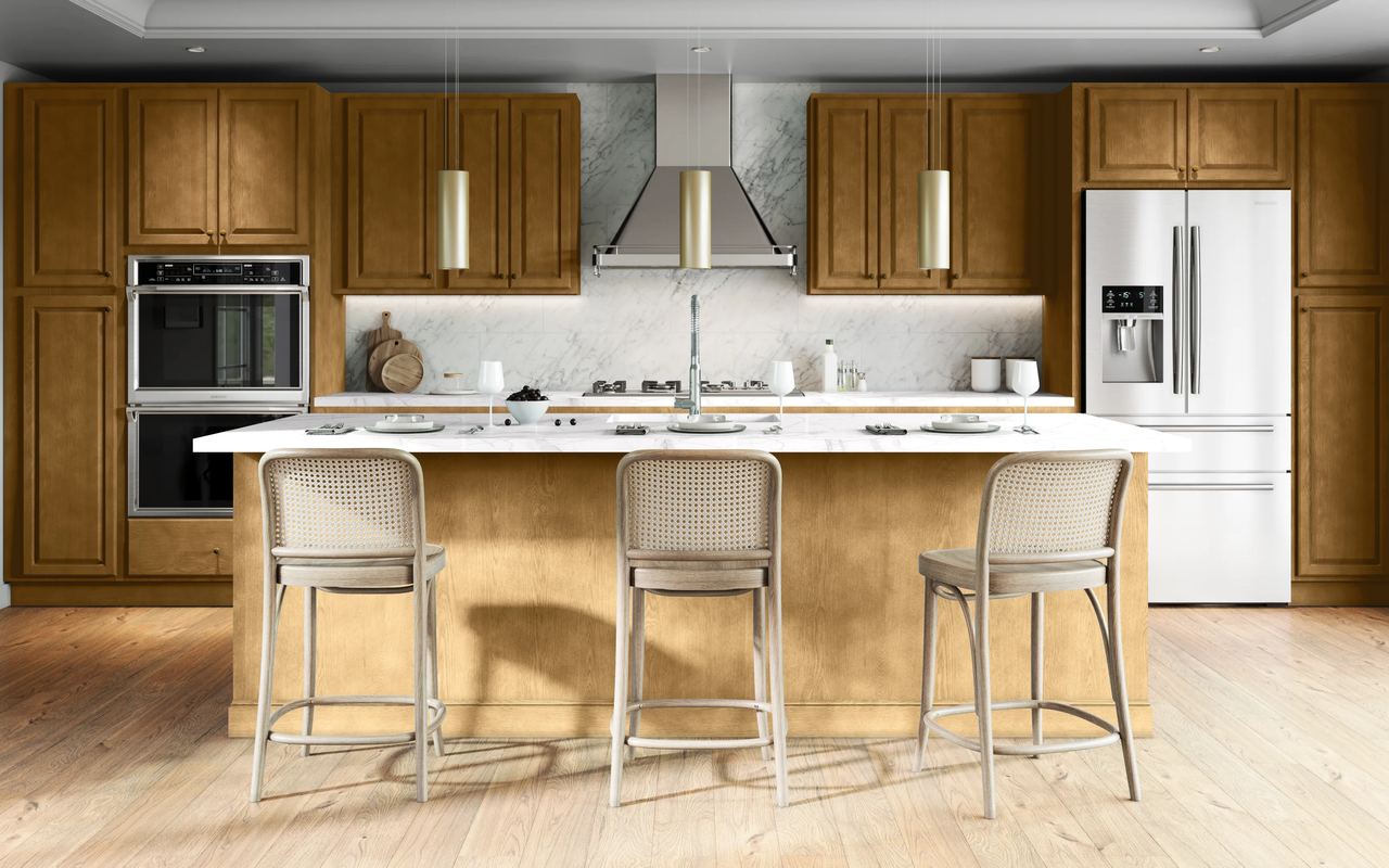 A kitchen with Country Oak cabinets in Honey