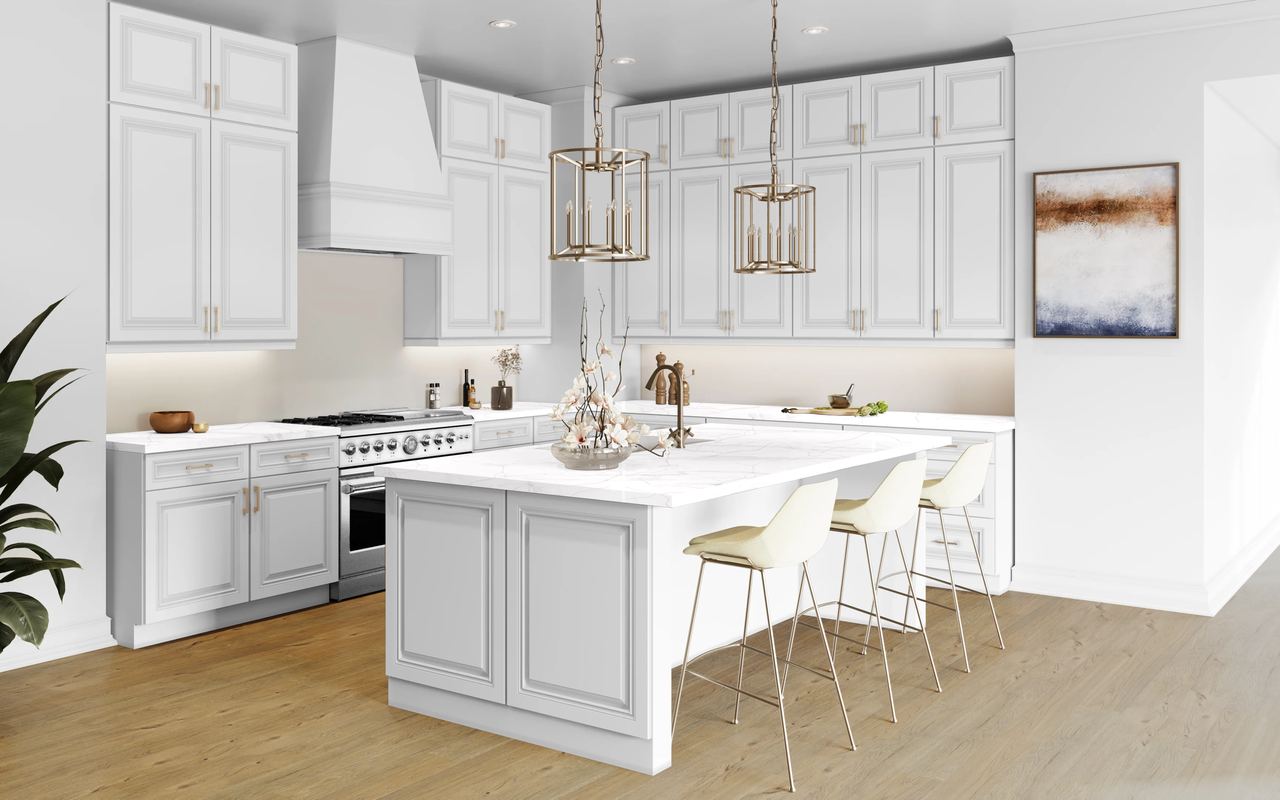 A kitchen with Park Ave cabinets in White
