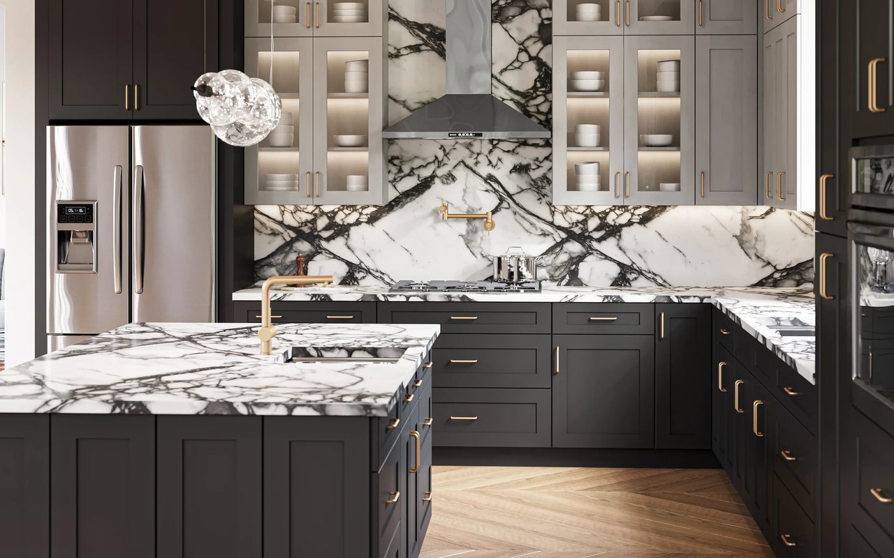 A kitchen with Woodbourne cabinets in Stone
