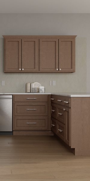A kitchen with Dover cabinets in Saddle