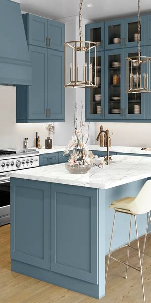 A kitchen with Elegant cabinets in Adirondack Blue