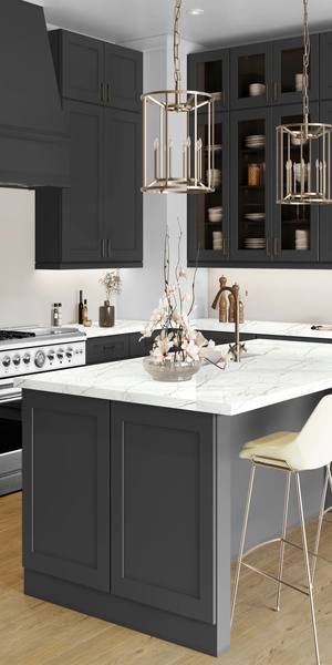 A kitchen with Elegant cabinets in Cracked Pepper