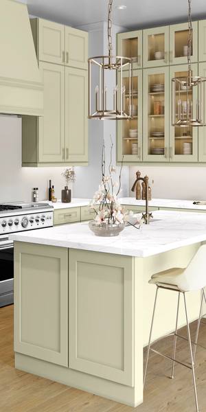 A kitchen with Elegant cabinets in Linen