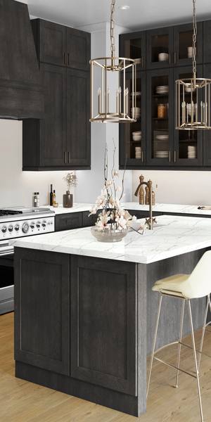 A kitchen with Elegant cabinets in Smoky Grey