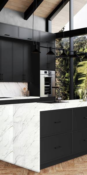 A kitchen with Versailles cabinets in Black