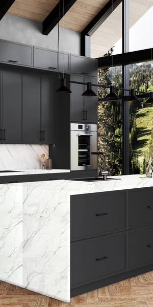 A kitchen with Versailles cabinets in Cracked Pepper