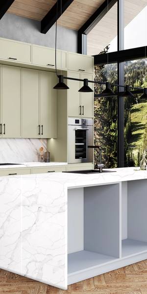 A kitchen with Versailles cabinets in Linen