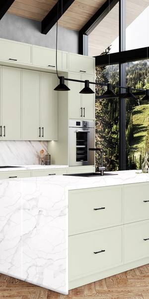 A kitchen with Versailles cabinets in Sleek White