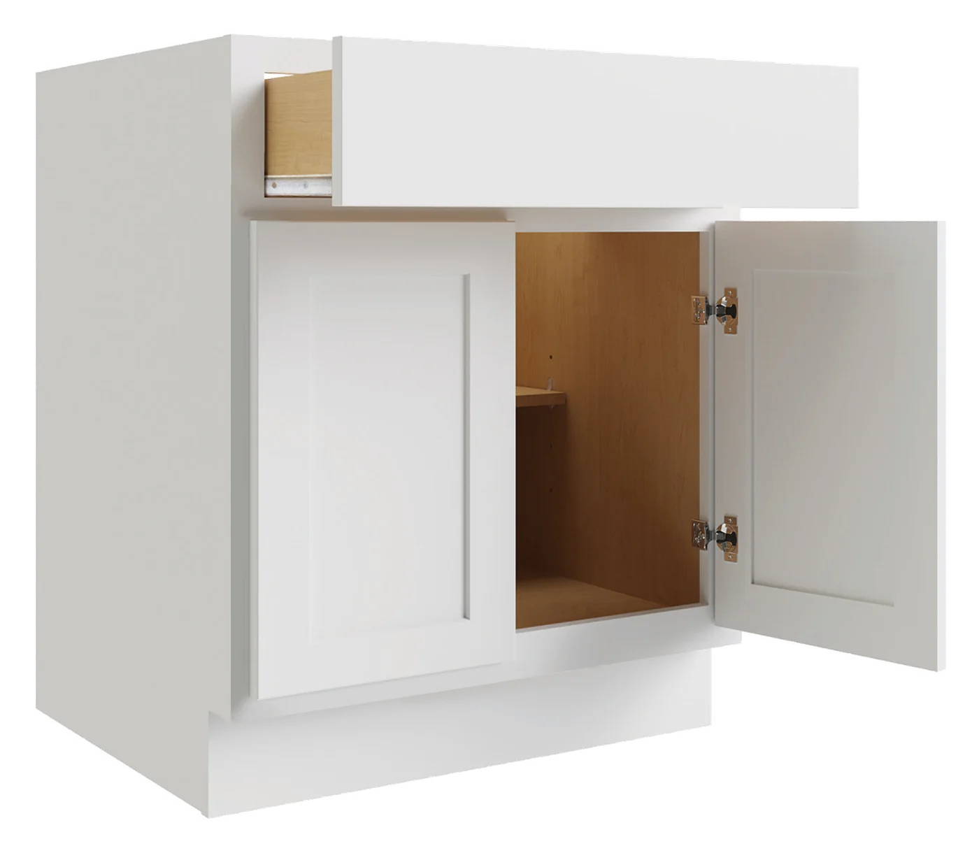 A base cabinet with one door open and the drawer pulled out, showing the box construction inside